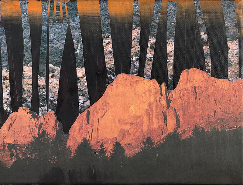 Die Bäume wachsen in den Himmel, 2020, Acryl, Collage auf Leinwand, 18x24 cm